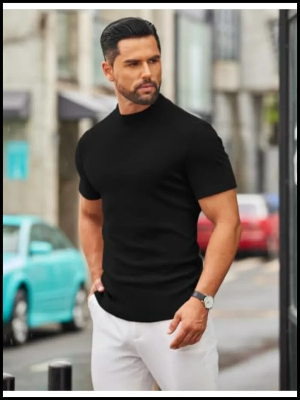 Men's Mock Turtleneck Pullover Short Sleeve Knit Stretchable Slim Fit
